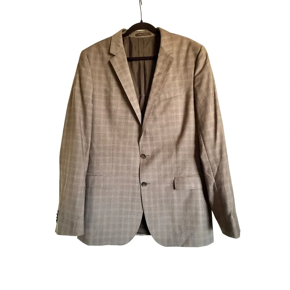Hugo Boss BOSS Sport Coat Blazer 44L Gray Plaid Super 100 Wool Tailored Fit